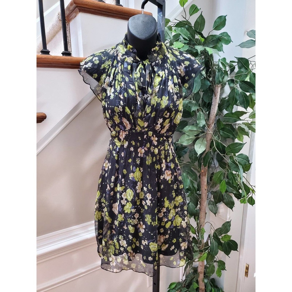 Bizz Women's Black Floral 100% Silk Sleeveless Knee Length Dress Small